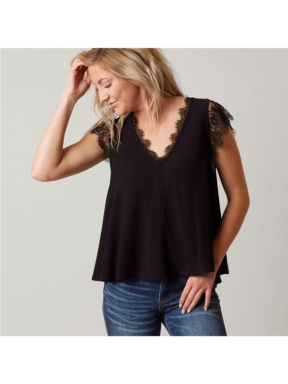 Free People Lovin’ On You Black Lace cap Sleeve Blouse v-neck solid cute minimal